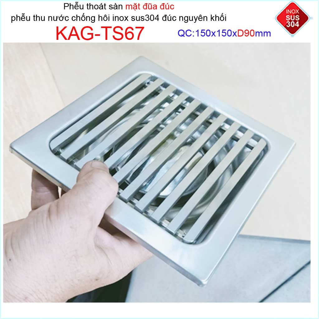 Phễu thoát sàn mặt đũa inox đúc Inox Kace 15x15cm D90 , thoát sàn KAG-TS67 (15x15cmD90) chống hôi SUS304