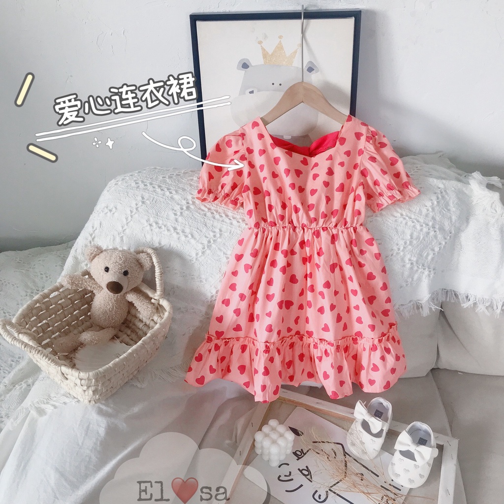Váy bé gái họa tiết trái tim nơ lưng siêu xinh