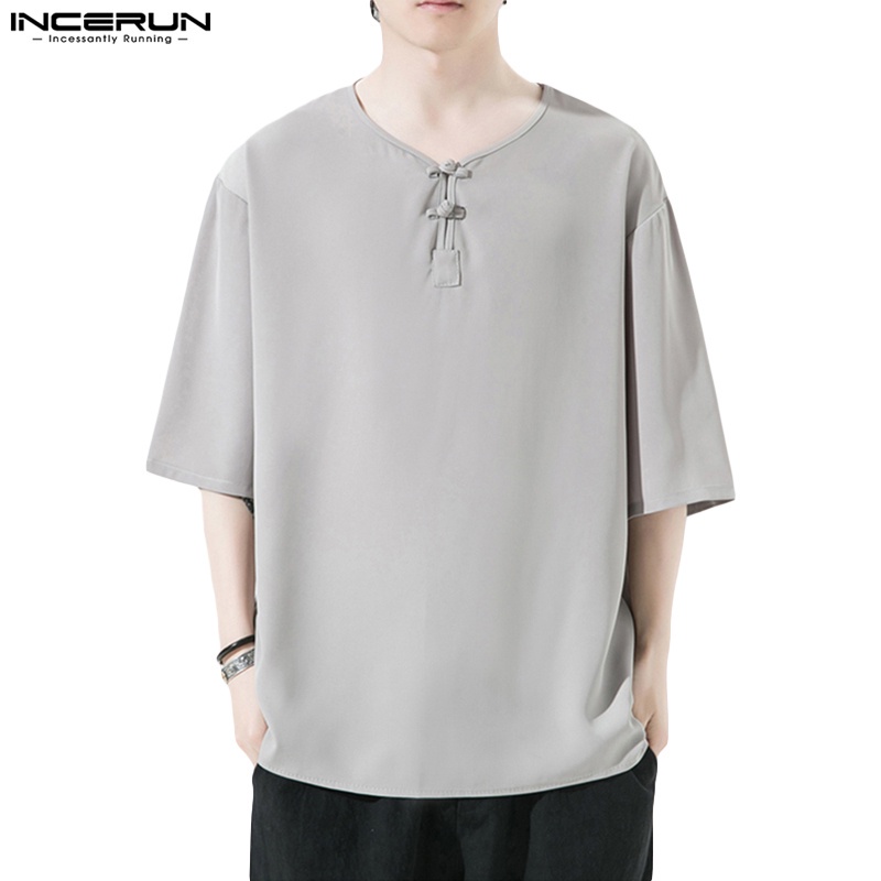 Áo thun INCERUN tay lỡ cổ chữ v màu sắc đơn giản phong cách trung hoa cho nam giới