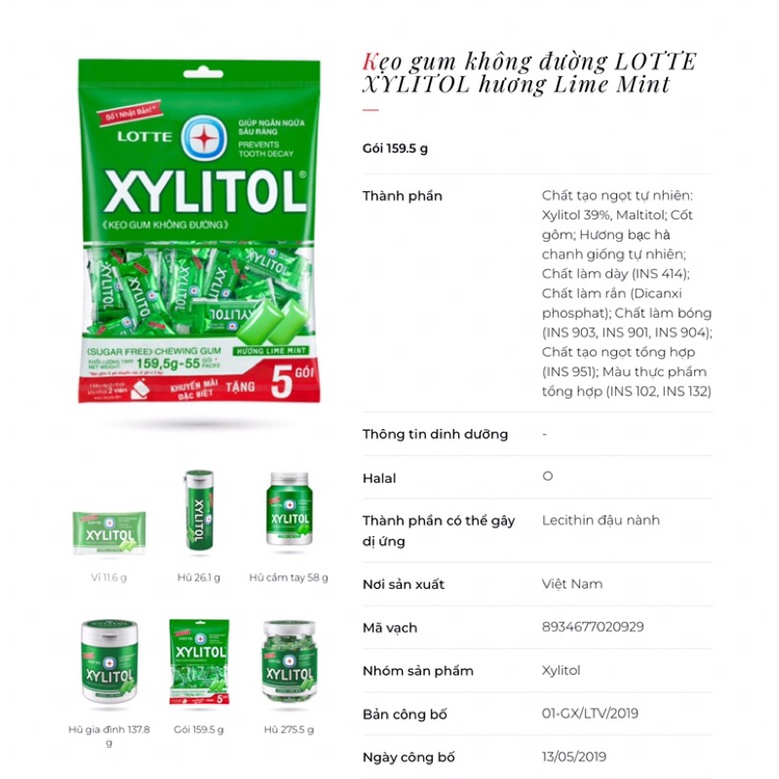 Kẹo Sing-Gum Xylitol vị cool/ bạc hà/ việt quất gói 159.5g (55viênx2.9g)