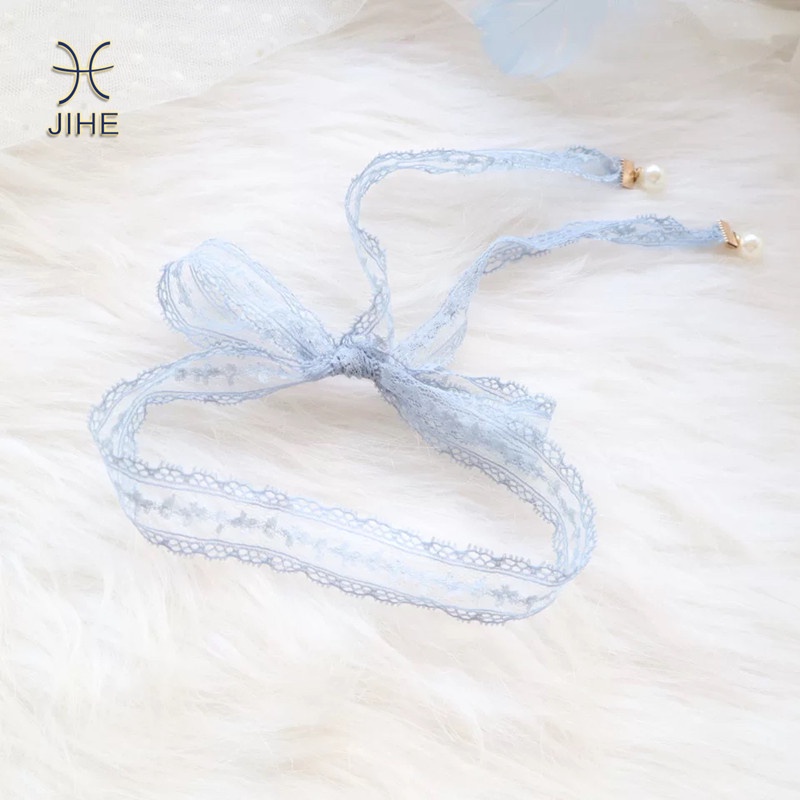 Vòng Cổ Choker Màu Xanh Dương Phối Ren Và Hạt Ngọc Trai Thời Trang Nhật Hàn