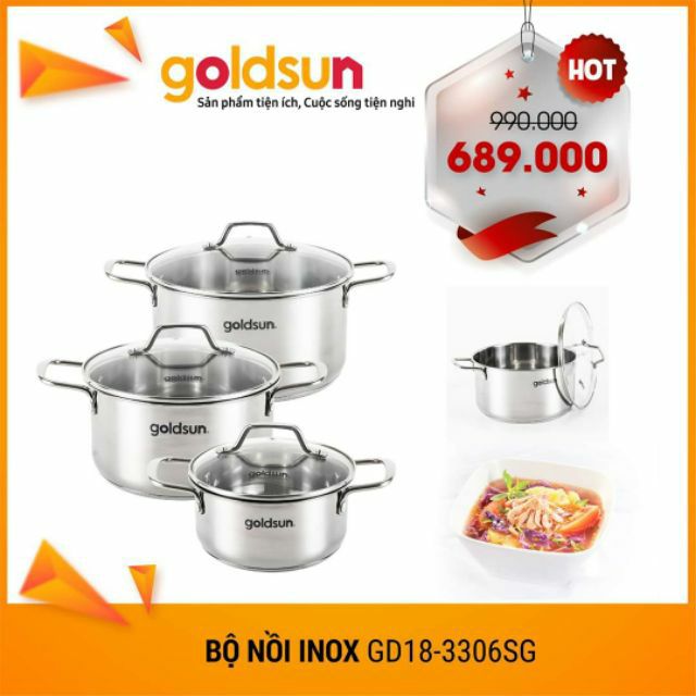 Bộ nồi inox Goldsun GD18-3306SG (Vung kính) (đáy từ)