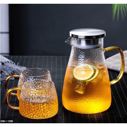 Bộ bình đựng nước 6 cốc thủy tinh quai vàng cao cấp