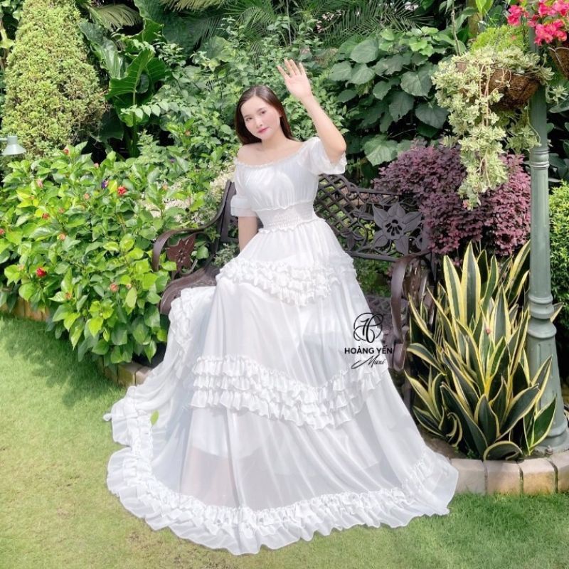 HOANGYEN - Skies Dress đầm trắng bẹt vai bèo chân váy siêu xoè rộng