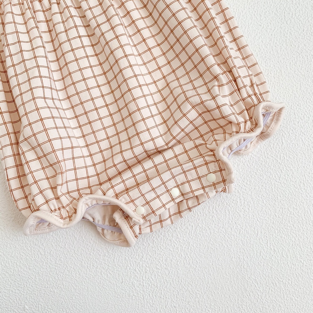 Bộ Áo Liền Quần Tay Ngắn Chất Liệu Cotton Họa Tiết Sọc Caro Thời Trang Cho Bé Gái Từ 0-2 Tuổi