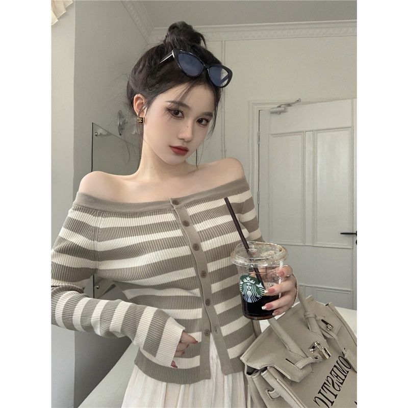 Porozi  Áo sweater dệt kim tay dài trễ vai kẻ sọc kiểu Hàn Quốc xinh xắn cho nữ