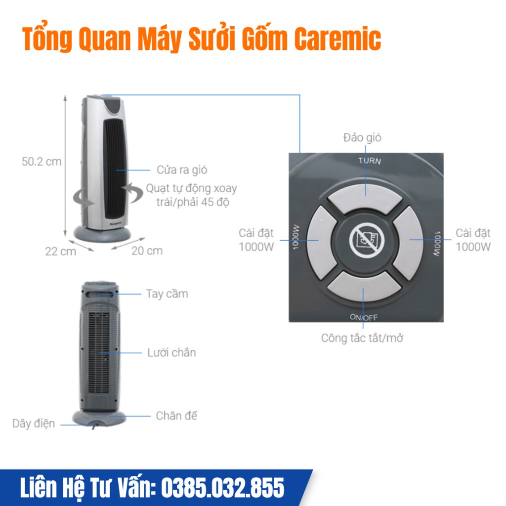 Quạt sưởi gốm ceramic Kangaroo KG1036C 2000W, làm ấm nhanh, không đốt cháy oxi, không làm khô da