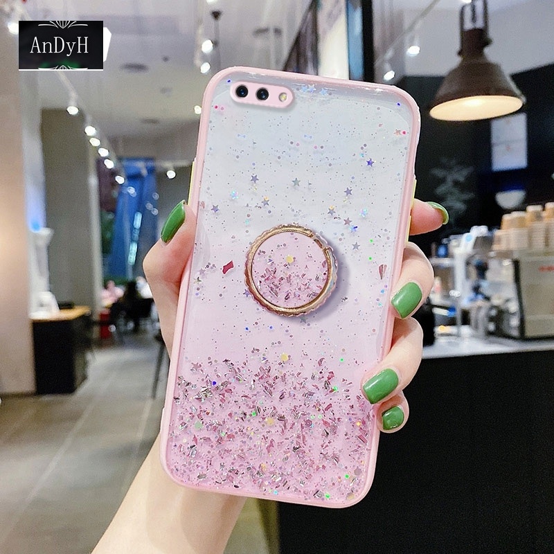 Ốp điện thoại họa tiết ngôi sao lấp lánh kèm giá đỡ nhẫn cho OPPO A3S A12E A1K Realme C1 Realme C2