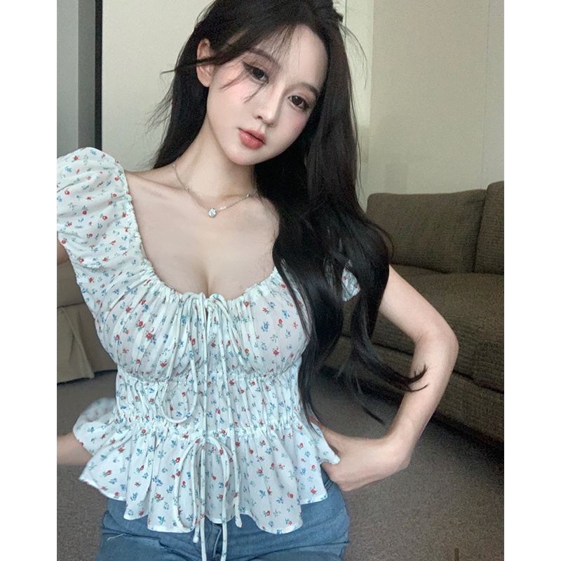 Áo Sơ Mi Tay Ngắn Cổ Vuông In Họa Tiết Hoa Thời Trang Mùa Hè Xinh Xắn Cho Nữ