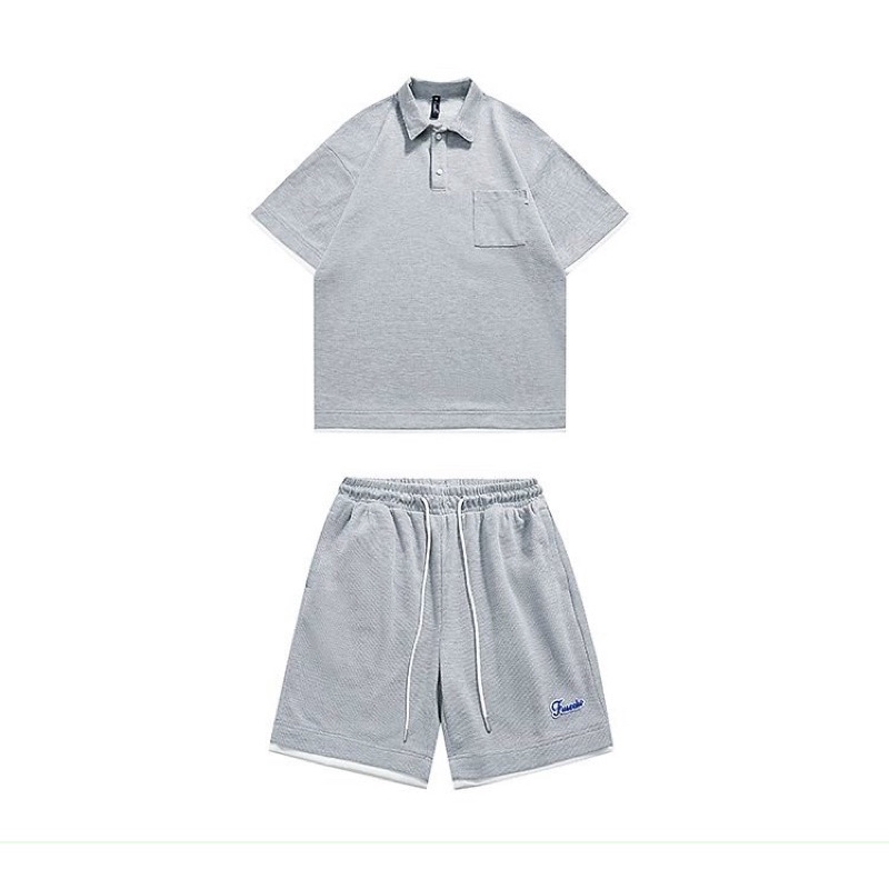 [ nặng 1kg ] Set đồ nữ form rộng unisex, áo polo cổ bẻ kèm quần short đùi thêu logo chất liệu cotton tổ ong