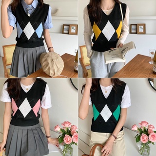 Áo len không tay cổ chữ v đính đá phong cách retro Mỹ