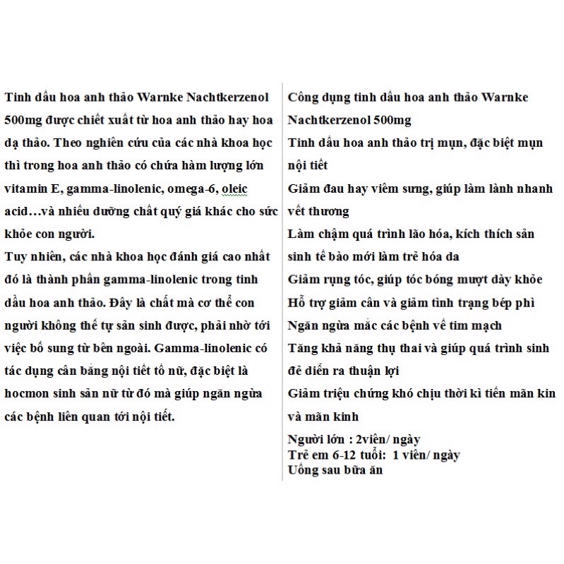 VIÊN  UỐNG HOA ANH THẢO Warnke 250v nội địa Đức