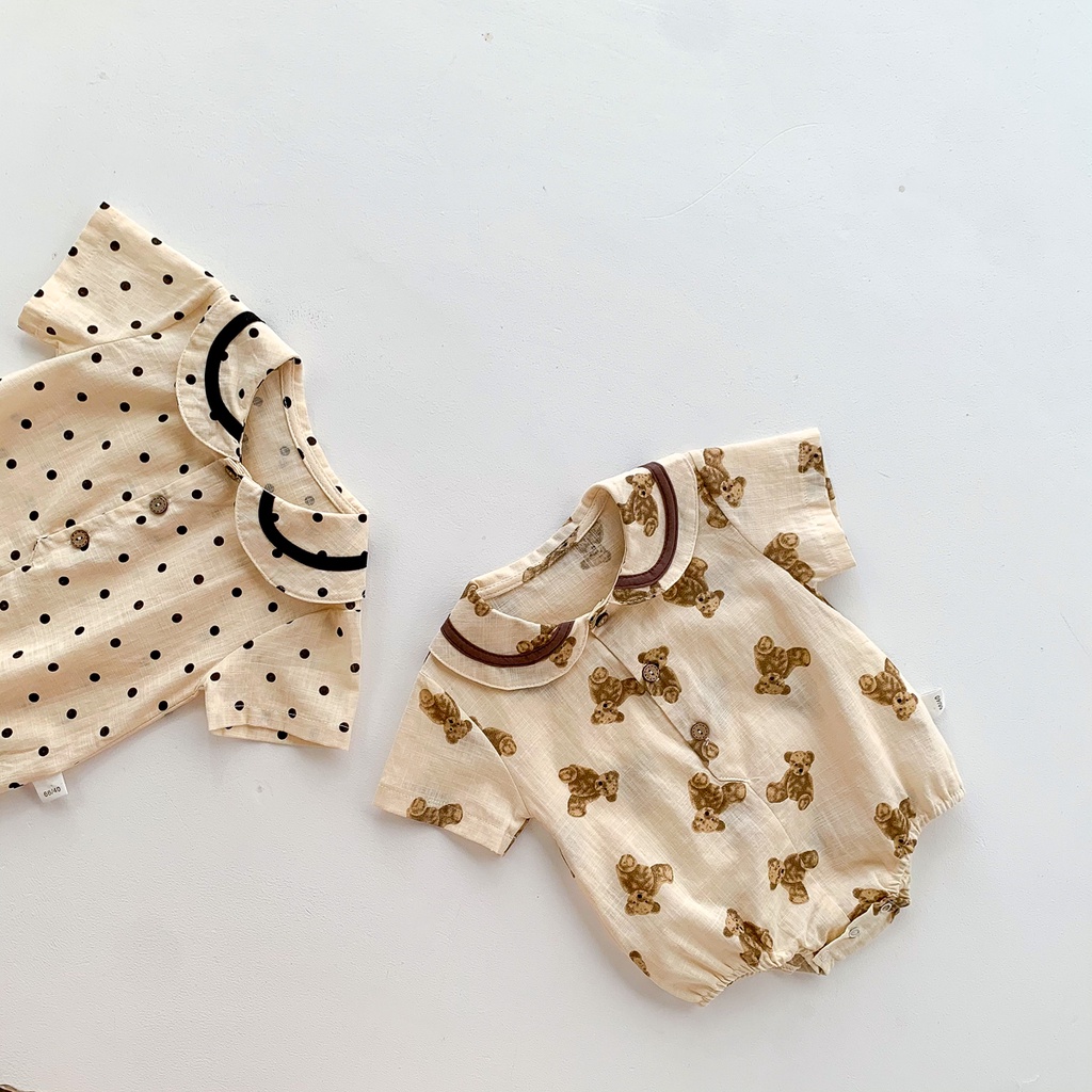 Áo liền quần ngắn tay bằng cotton lanh họa tiết chấm bi dễ thương thời trang cho bé trai / gái