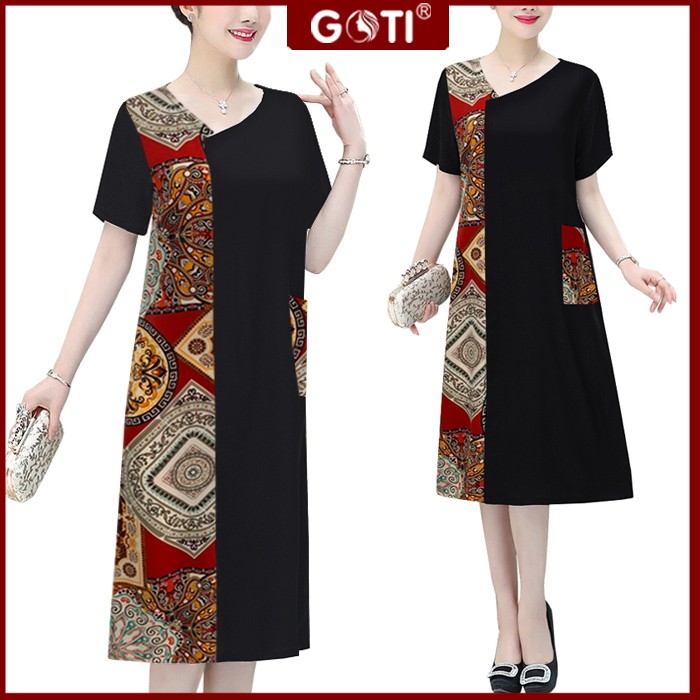 GOTI – Đầm Dự Tiệc Trung Niên Suông Bigsize Giấu Bụng Cao Cấp Cho Mẹ U50 U60 3333