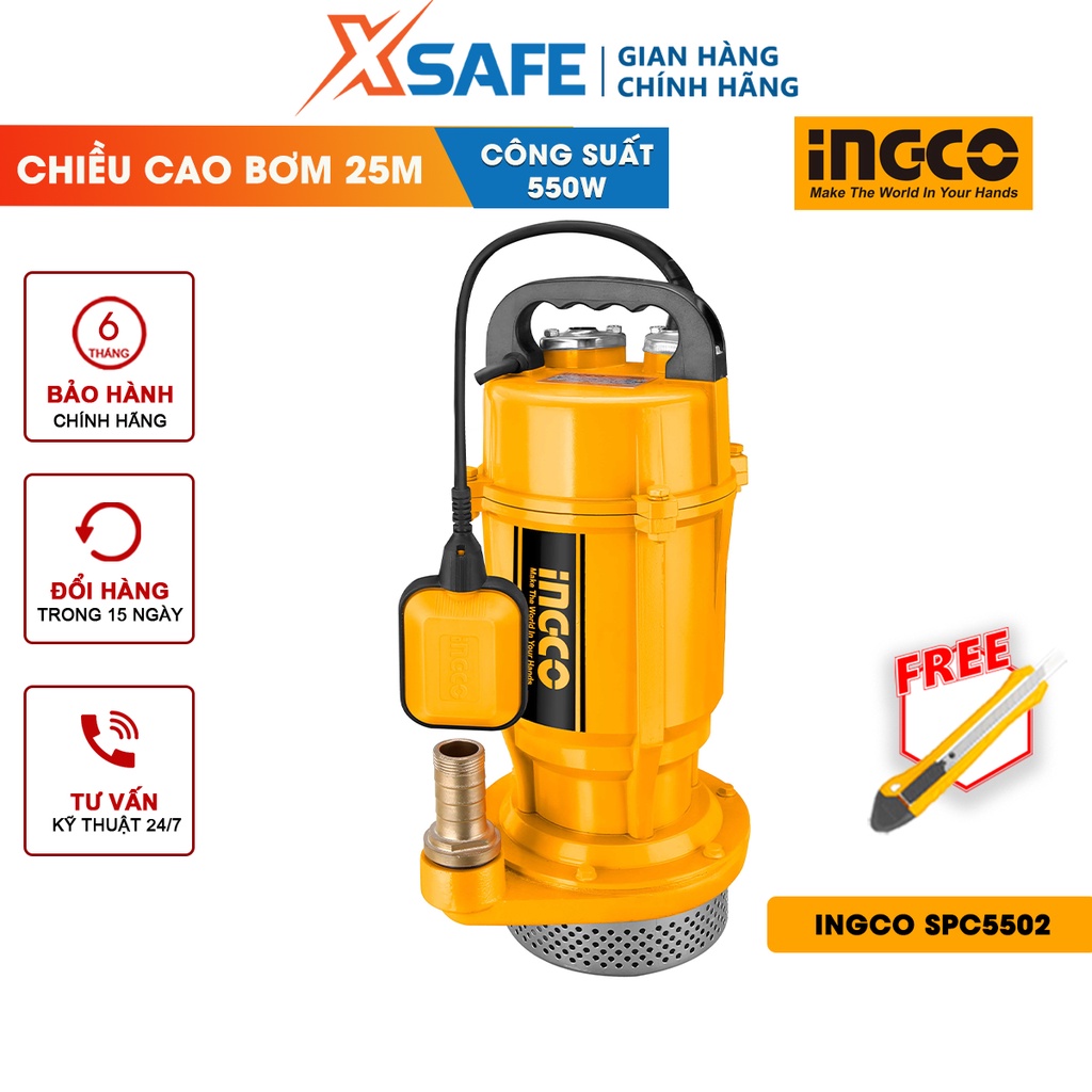 Máy bơm chìm nước sạch INGCO SPC5502 - Điện áp 220-240V~50Hz, công suất đầu vào 550W(0.75HP), dây cáp dài 9M