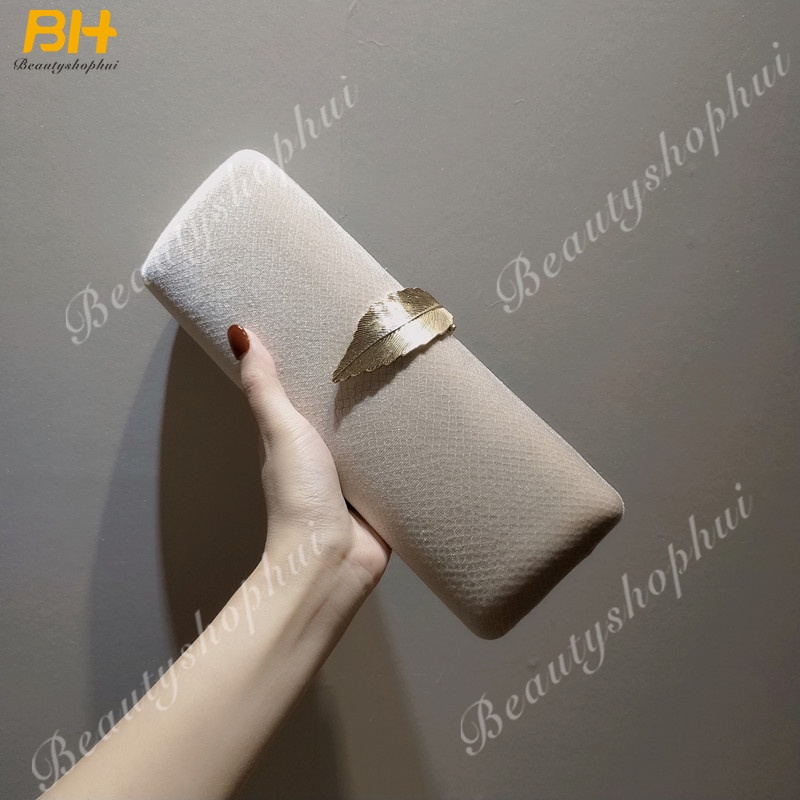 Ví Cầm Tay Vải Nhung Đính Khóa Hình Chiếc Lá Thời Trang Dự Tiệc