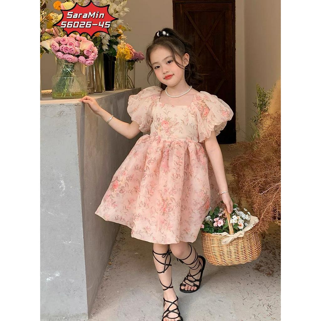 S6026 - Váy xòe công chúa tay bồng tone hồng sang xịn cho bé gái từ 10 - 40kg