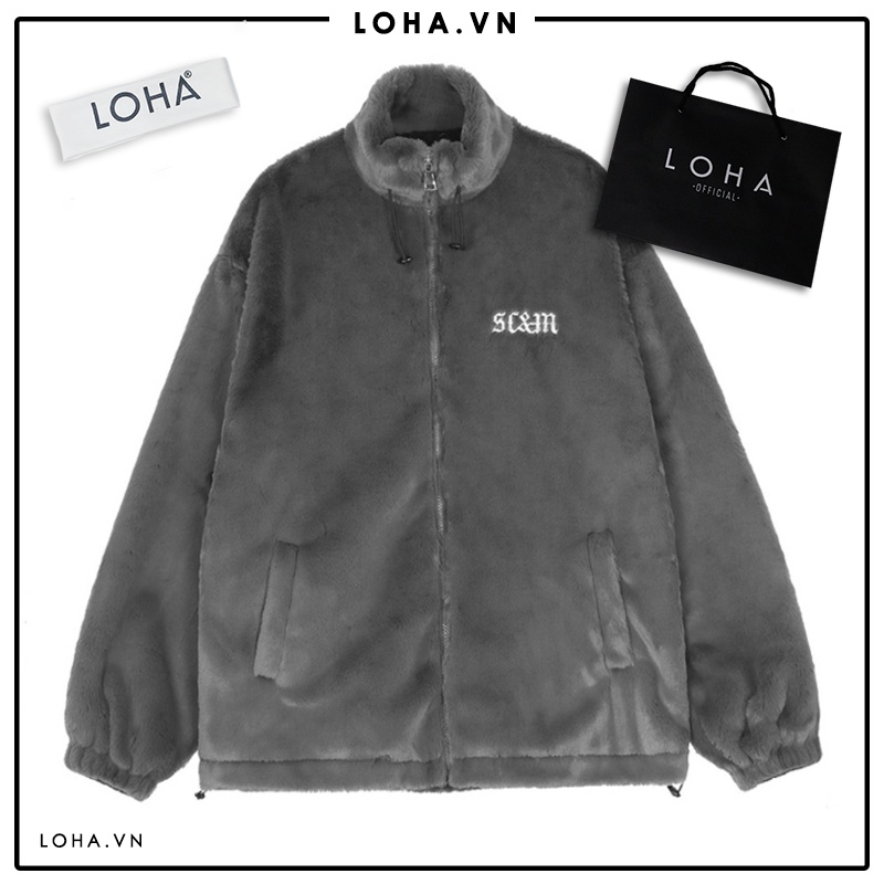 Áo khoác lông thêu chữ dáng rộng cổ lọ màu đen xám trắng thời trang LOHA unisex