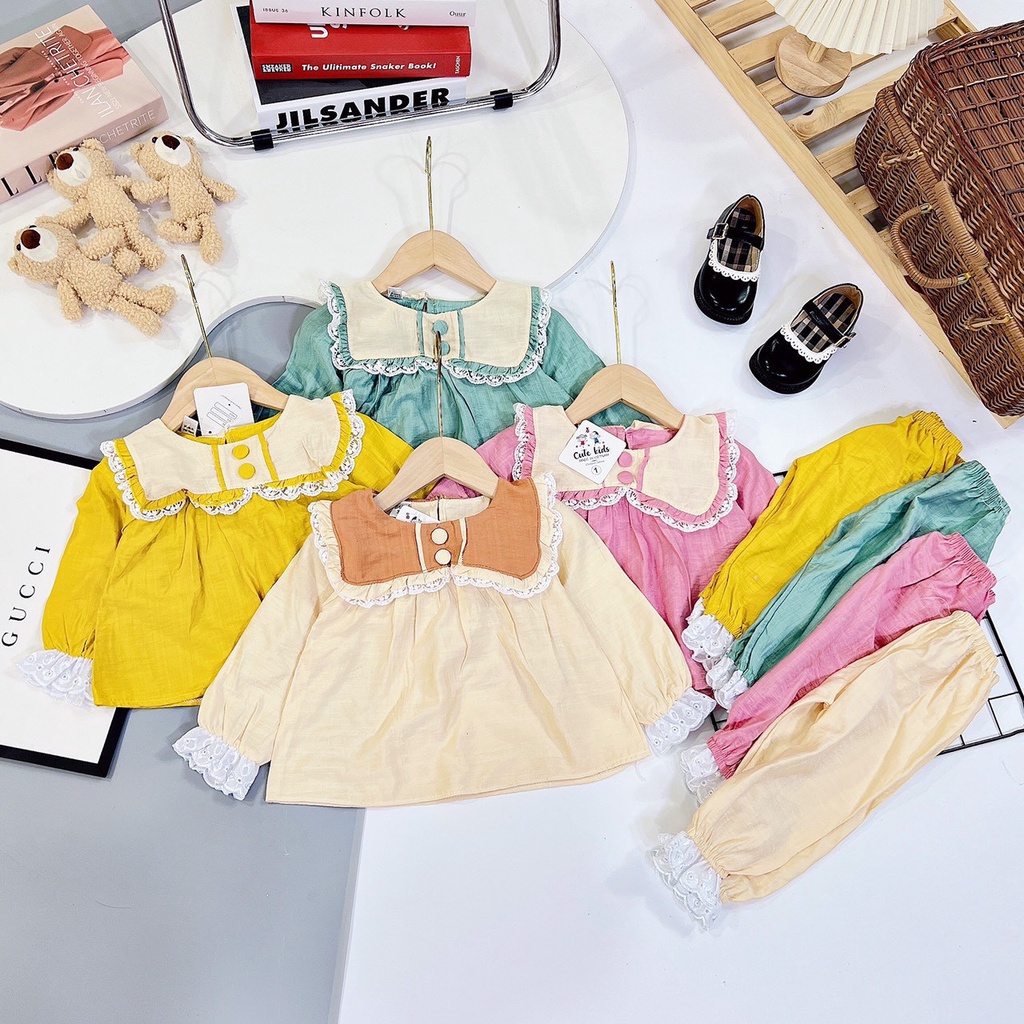 Sét Bộ đũi dài tay babydoll  cổ bèo cho bé gái