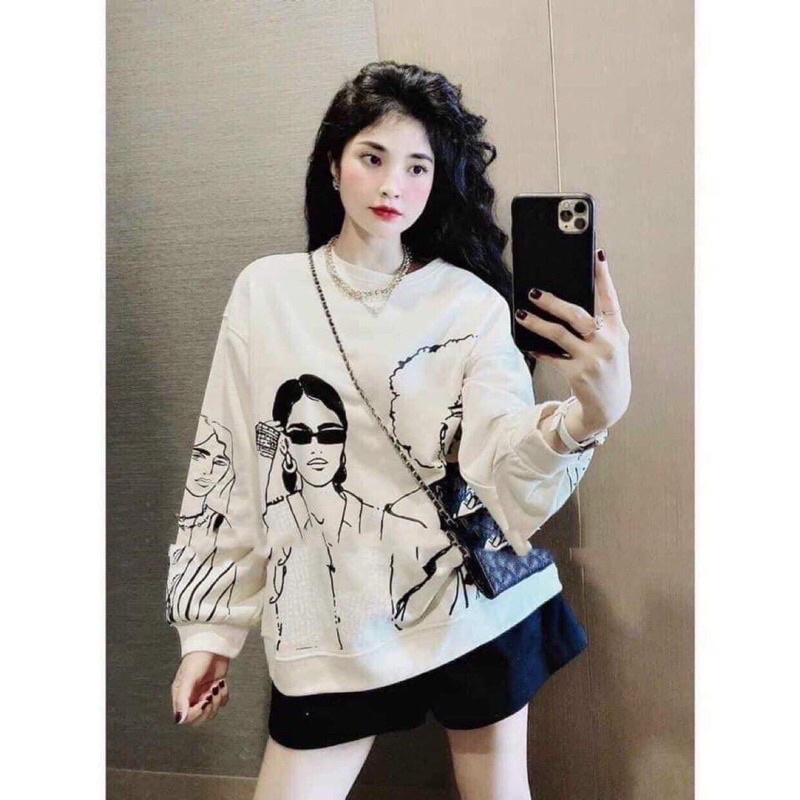 Áo nỉ áo sweater trần bông tay bồng ullzang in hình cô gái Manzakia | BigBuy360 - bigbuy360.vn