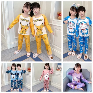 Bộ đồ ngủ tay dài cổ tròn thoáng khí in họa tiết hoạt hình cho bé trai và bé gái