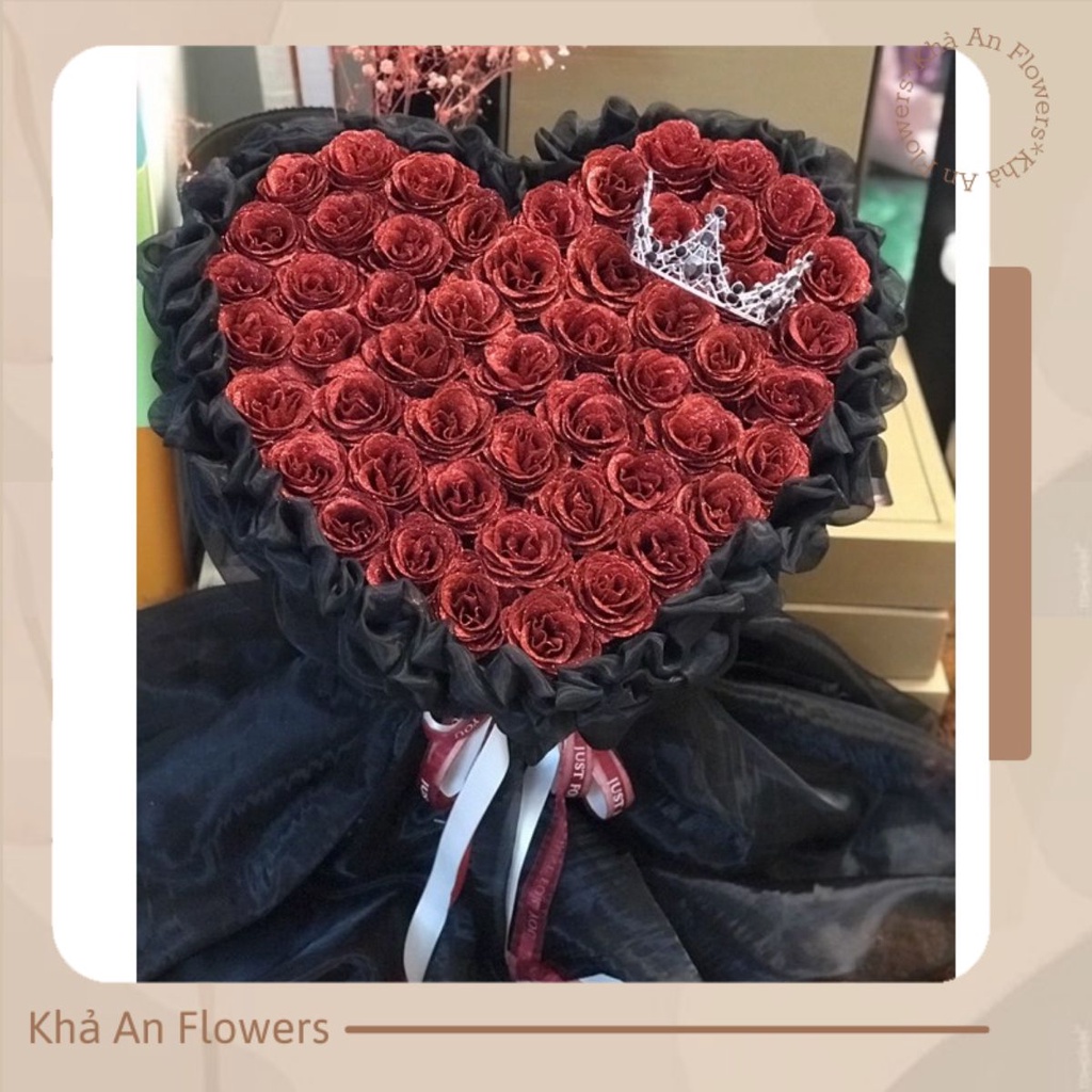 [Quà Valentine - Hot] Bó trái tim Nhũ 50 bông phối voan siêu to, cực xinh. Khách HN đặt qua Nowship nhận sau 1-2h