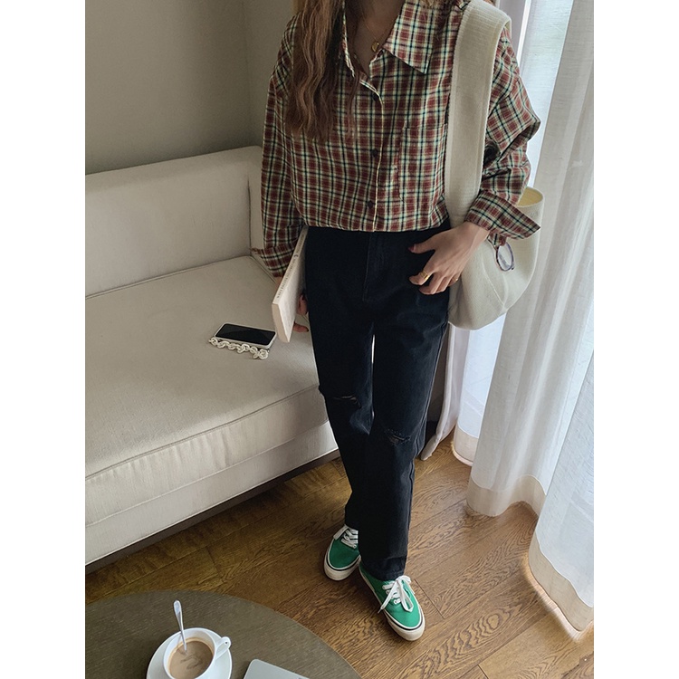Áo sơ mi nữ Kẻ sọc caro dài tay Retro Form rộng Sơ mi nữ Cổ điển Cao cấp Ulzzang Hàn Quốc Thời trang