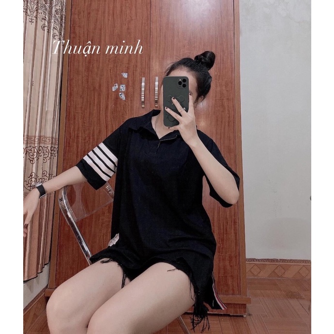 Áo Phông Polo 4 Vạch tay Hot Hit Áo Đôi Áo Nam Nữ From Rộng Oversize