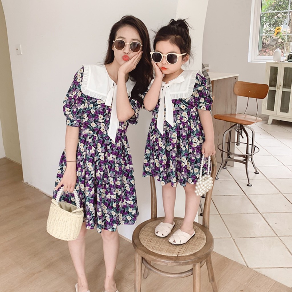 Set áo đôi đầm mẹ và bé thiết kế 👗HOT TREND👗 Áo váy đôi mẹ và bé gái thắt nơ kèm họa tiết hoa lá xinh xắn