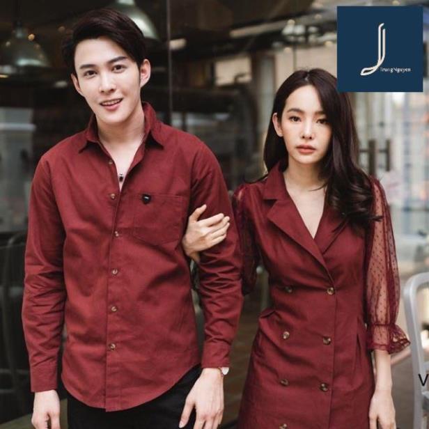 Set đồ đôi váy áo sơ mi màu đỏ đi chơi, du lịch, chụp ảnh cưới