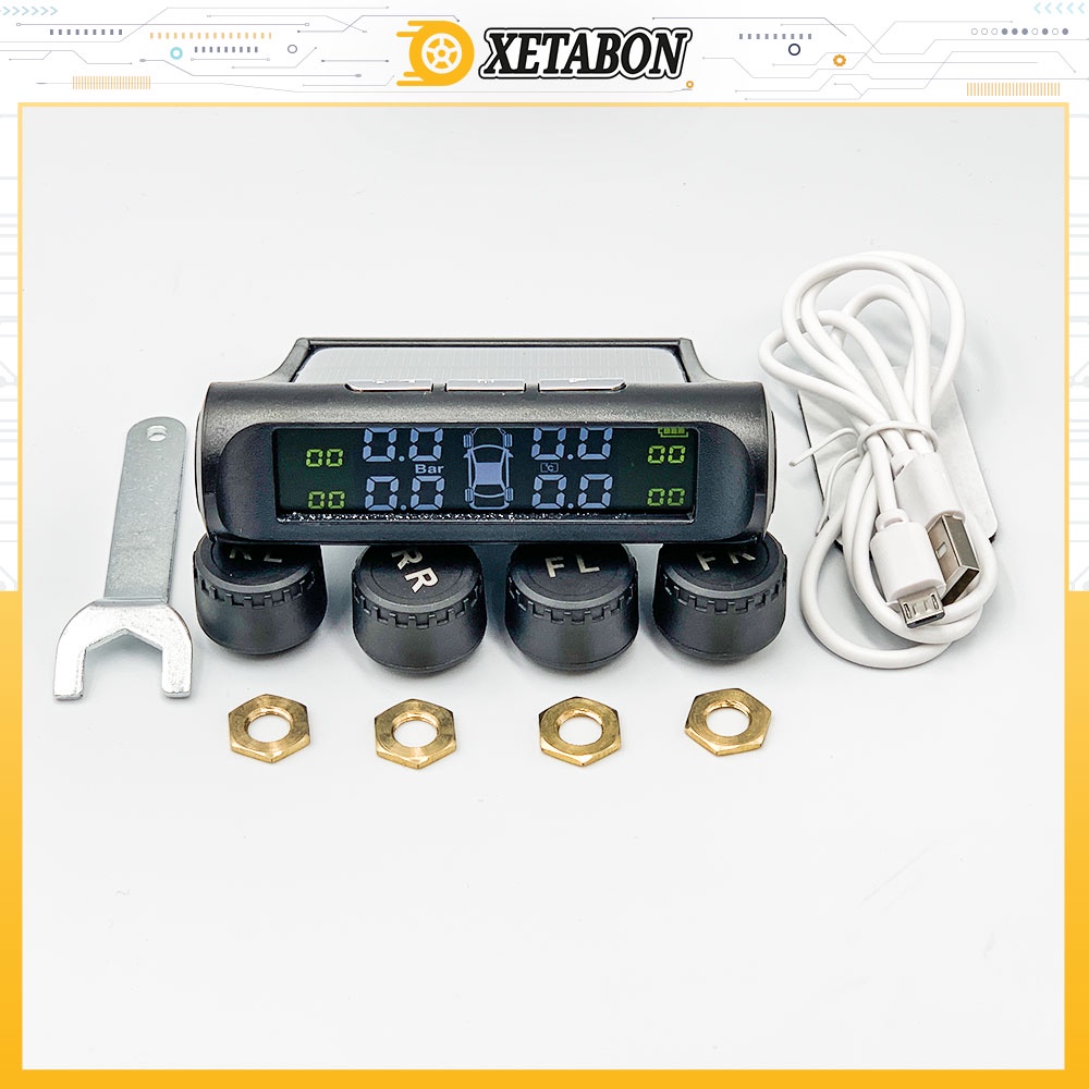 Cảm biến áp suất lốp ô tô XETABON- TPMS van gắn ngoài chống nước IP67 pin sạc năng lượng mặt trời, màn hình LCD BH 12T