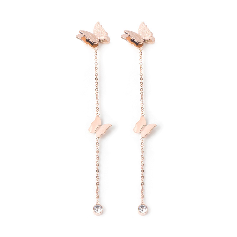 Japan and Korea temperament temperament tassels titanium steel hollow triangle pearl earrings fashion diamond rose gold butterfly love geometric zircon roman alphabet earrings women