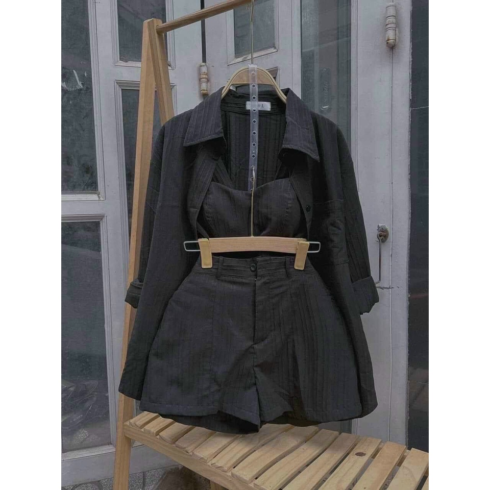 Sét bộ đùi nữ 3 món phong cách trẻ trung năng động áo khoác tay dài mix bra cúp ngực phối quần đùi xinh xắn