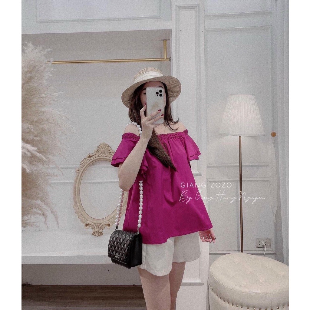 Sét bộ cộc áo cổ bo chun mặc được 2 kiểu bình thường hoặc hở vai vải mát 3 màu xanh hồng và nâu