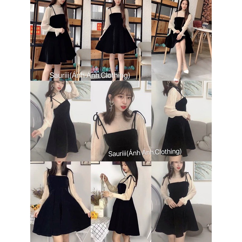 🎀Set đầm xoè 2s nhung/Váy ulzzang tiểu thư áo nhũ mỏng lấp lánh bèo váy yếm basic Hàn Quốc ,