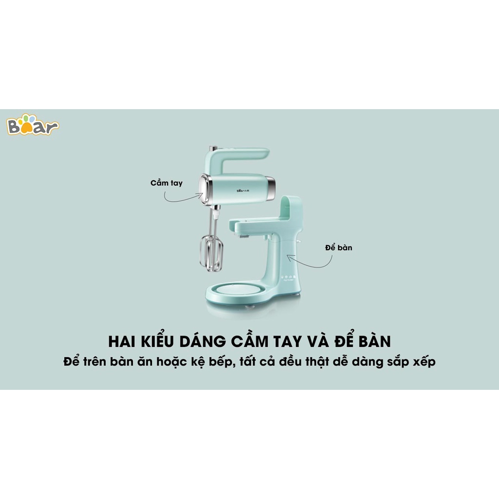 Máy đánh trứng để bàn Bear DDQ-B03V1 thiết kế 2 in 1 với 9 tốc độ gồm 4 que đánh có nắp chống tràn, BH 18 thánh