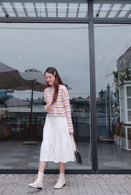 Áo khoác len cardigan sọc ngang cầu vồng nhiều màu sắc xinh xắn phong cách Hàn Quốc