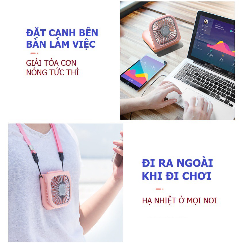 Quạt mini cầm tay đeo cổ kèm sạc dự phòng tích điện để bàn cute cao cấp ✅