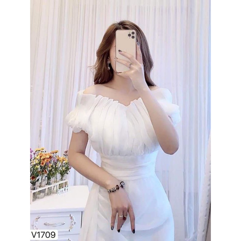 [VÁY ĐI TIỆC CAO CẤP] Váy trắng trễ vai bèo xếp ly tiểu thư - đầm thiết kế cao cấp | BigBuy360 - bigbuy360.vn