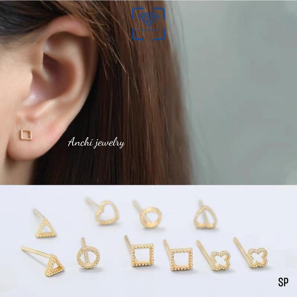 Khuyên tai hình trái tim / tròn / vuông / tam giác, chuẩn bạc ta mạ vàng, Anchi jewelry