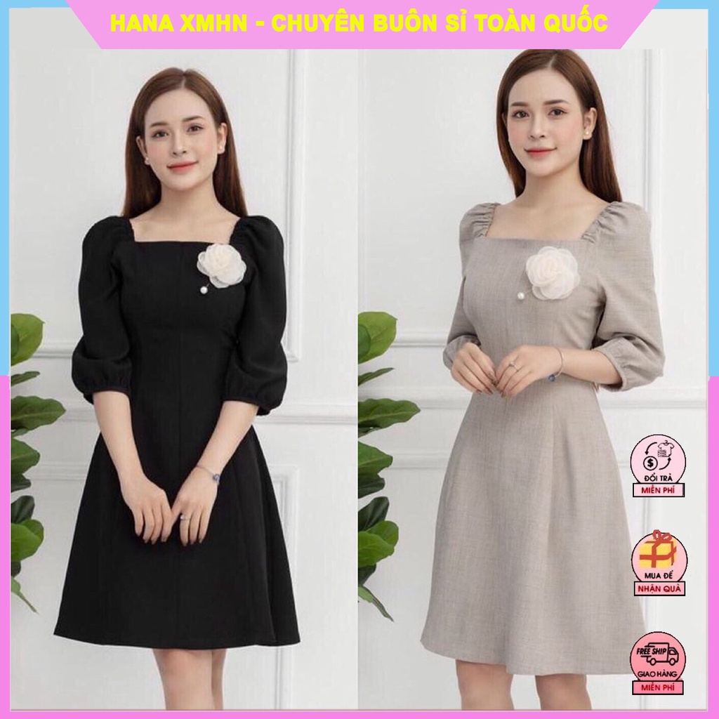 VÁY/ĐẦM NỮ HÀNG THIẾT KẾ CHUN VAI KÈM HOA SIÊU XINH