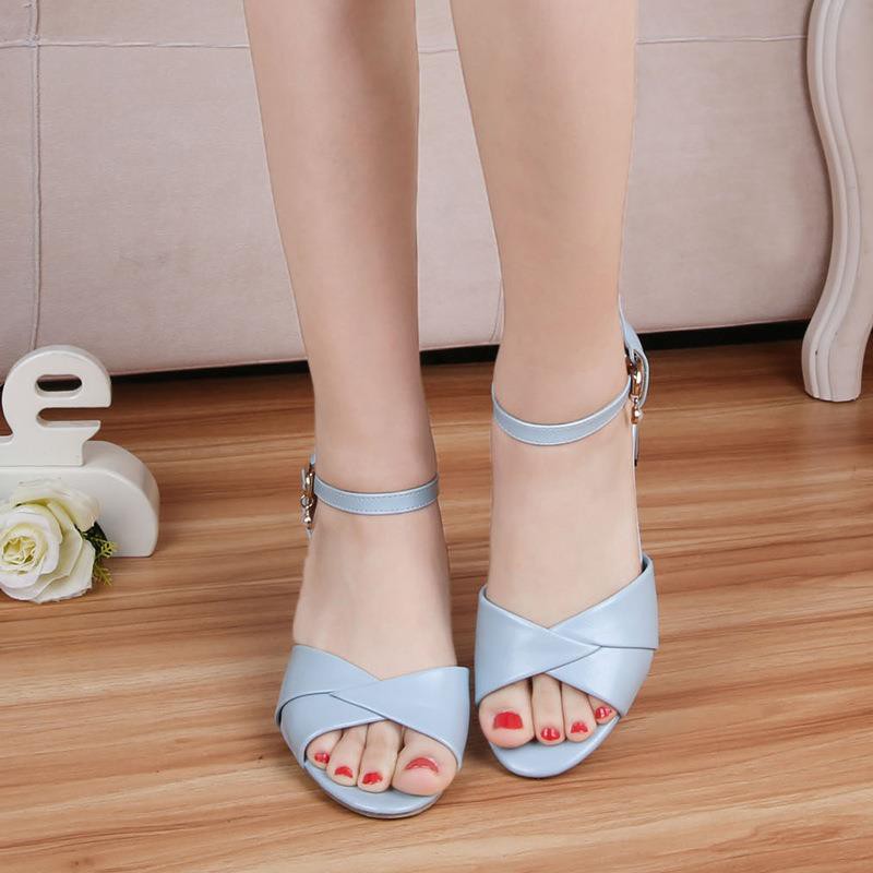 Giày Sandal Cao Gót Hở Mũi Phối Khóa Phong Cách Hàn Quốc