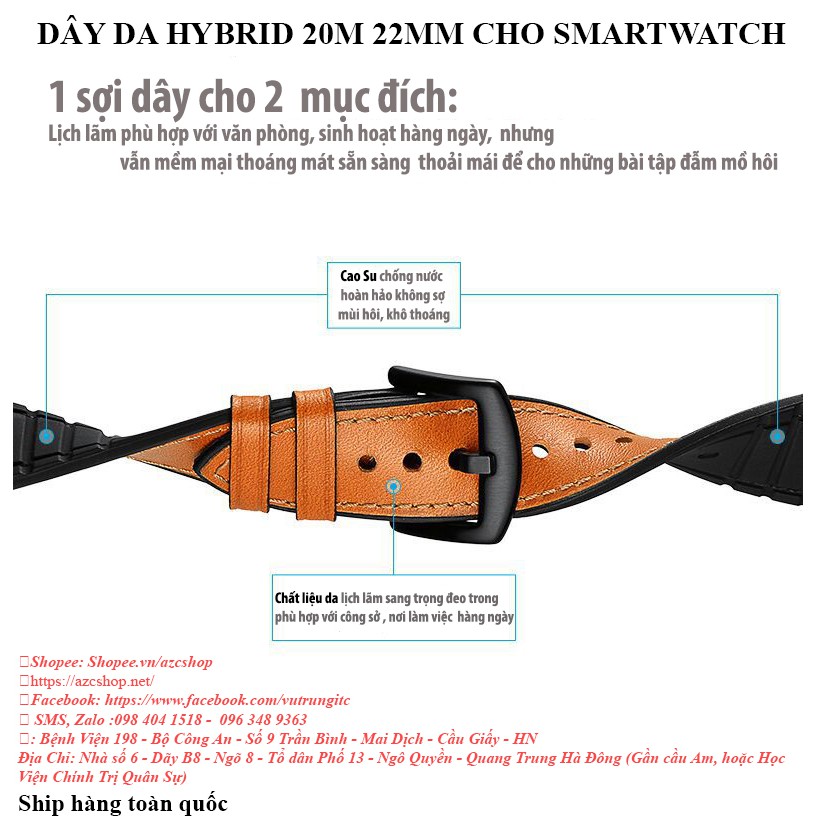 Dây Da Hybrid 20MM- 22MM Cho Smartwatch - Chốt Thông Minh