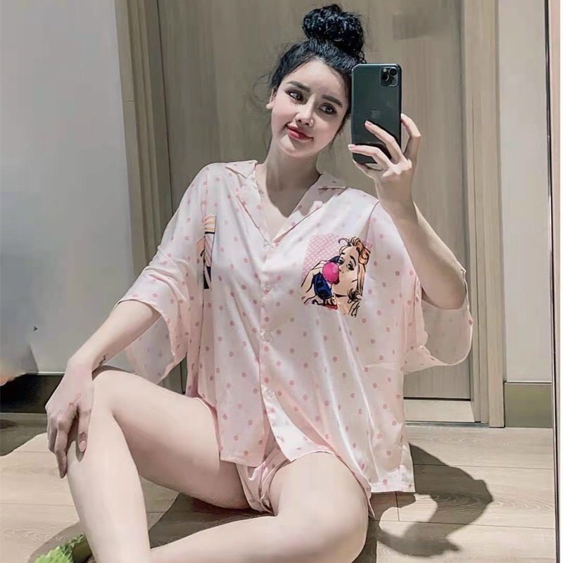 Pijama tay lỡ cánh dơi quần hình cô gái lụa