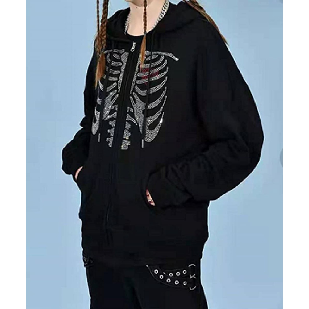 Áo Hoodie Có Dây Kéo 90s Họa Tiết Đầu Lâu Đính Đá Thời Trang Cho Nữ