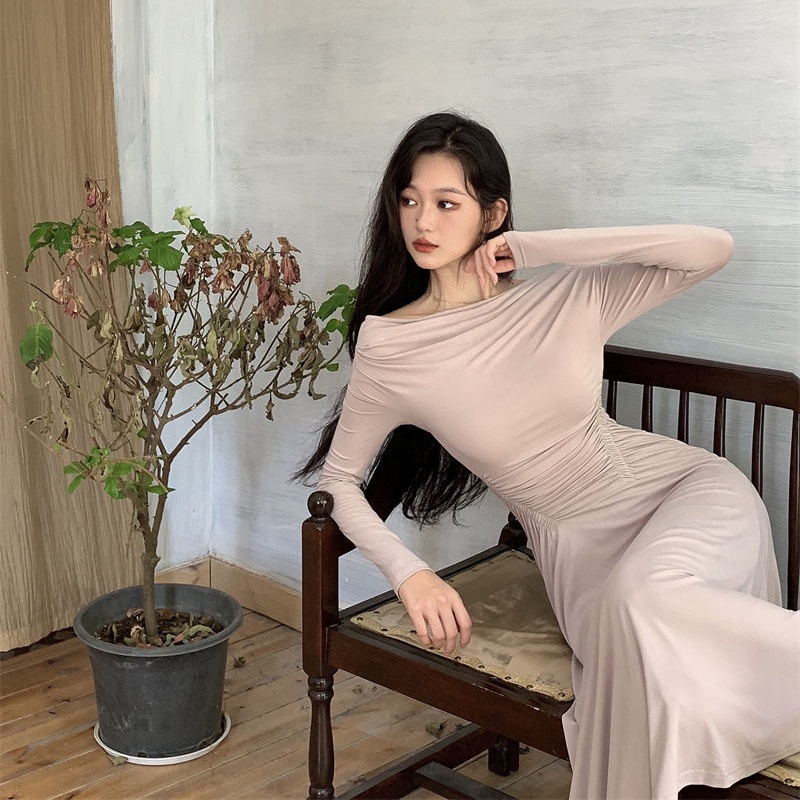 COZOK Đầm Trễ Vai Tay Dài Dáng Ôm Thời Trang Quyến Rũ Cho Nữ