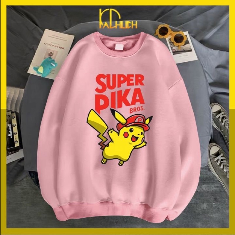 Áo sweater unisex in Super Pika dễ thương, form cho cả nam nữ vải nỉ mềm mịn