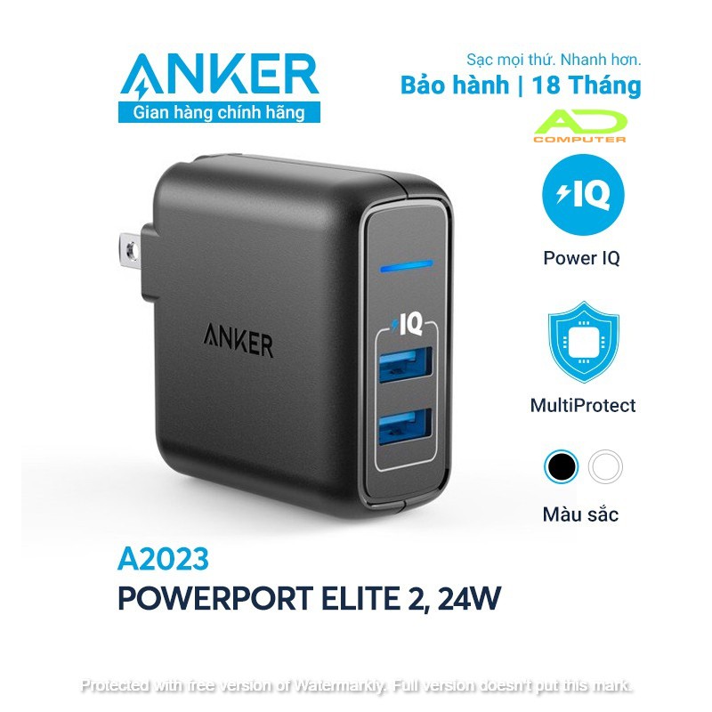 Cốc Sạc ANKER PowerPort Elite 2 cổng PIQ 24W Hàng chính hãng- A2023