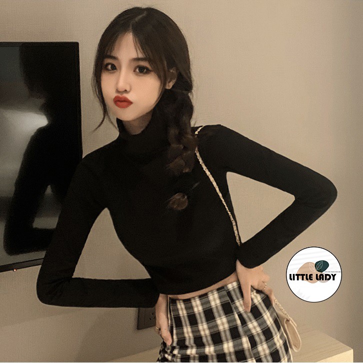 Áo Croptop Tay Dài Cổ Lọ Cá Tính Freesize Màu Trắng "CROPTOP CỔ LỌ"