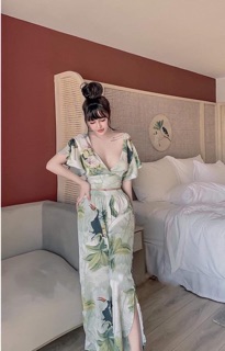 BỘ LỤA ÁO CROPTOP NƠ QUẦN DÀI XẺ CAO CẤP